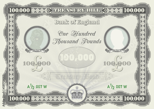 Vector gray one hundred thousand British pounds treasury bill. Guilloche grid, frame, blank circle with ribbons. Royal crown. Fictional certificate.