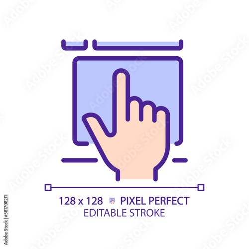 Hand with touchpad pixel perfect RGB color icon. Finger touching controller surface. Digital technology development. Isolated vector illustration. Simple filled line drawing. Editable stroke