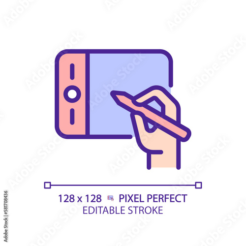 Hand with graphic tablet pixel perfect RGB color icon. Designer instrument. Digital device for artworks creation. Isolated vector illustration. Simple filled line drawing. Editable stroke