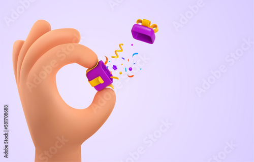 3d vector cartoon human hand holding gift box with explosion confetti on light background. Arm giving open gift box design element.