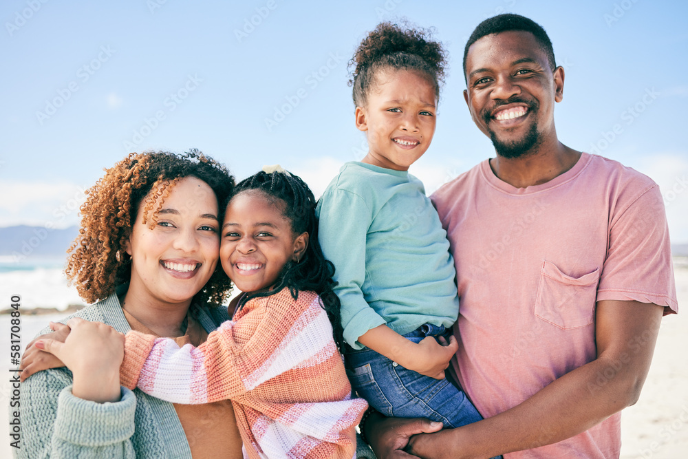 Love, beach portrait and happy black family on holiday for peace, freedom and outdoor quality time together. Nature sunshine, summer happiness or Nigeria children, father and mother smile on vacation Love, beach portrait and happy black family on holiday for peace, freedom and outdoor quality time together. Nature sunshine, summer happiness or Nigeria children, father and mother smile on vacation