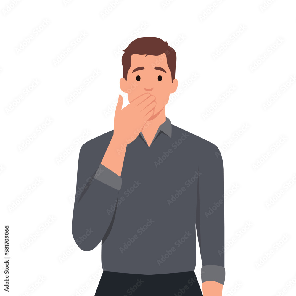 Frustrated young man cover mouth shocked with news or message. Confused guy surprised make hand gesture feeling astonished. Shock and distress emotion Frustrated young man cover mouth shocked with news or message. Confused guy surprised make hand gesture feeling astonished. Shock and distress emotion