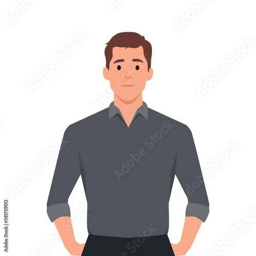 illustration of a friendly young man in business casual clothes. Cool young guy standing with hands in his pockets.
