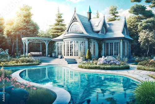Swimming Pool in Backyard of Luxurious Cottage, AI Generated