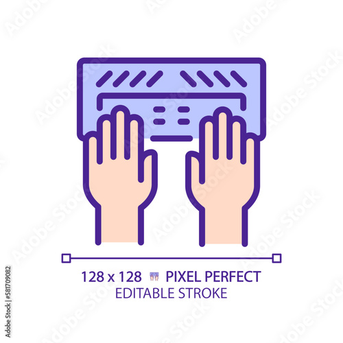 Hands with Braille keyboard pixel perfect RGB color icon. Equipment for users with eyesight problems. Blind support. Isolated vector illustration. Simple filled line drawing. Editable stroke