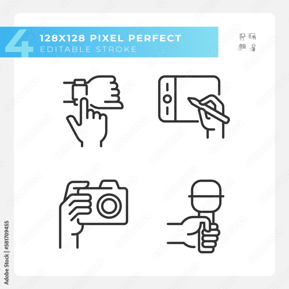 Hands with different devices pixel perfect linear icons set. Digital technology. Gadget usage purposes. Customizable thin line symbols. Isolated vector outline illustrations. Editable stroke
