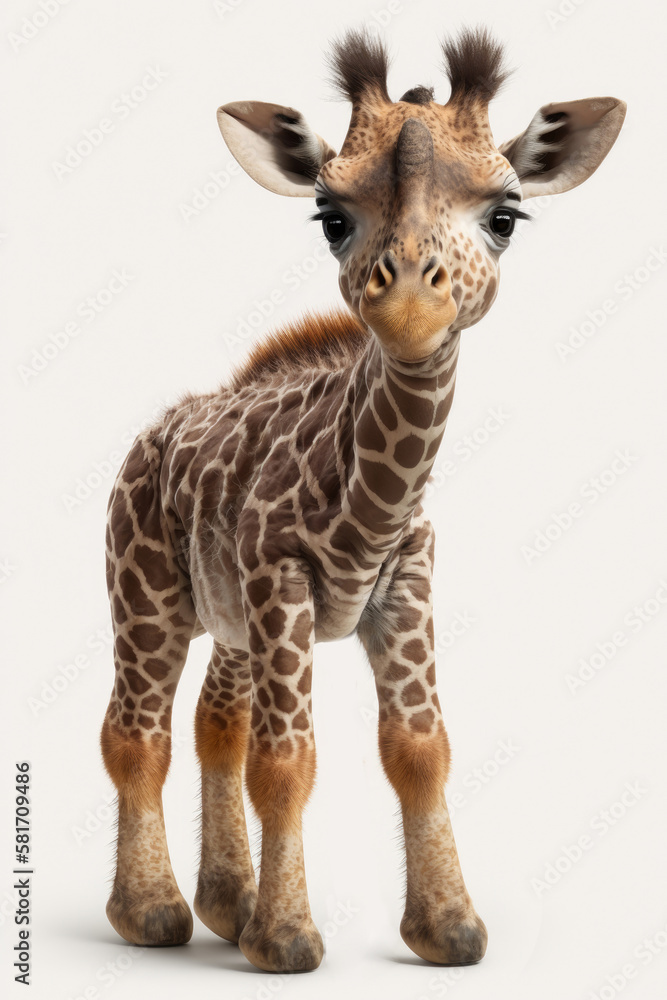 Generative AI of a cute baby giraffe isolated on white background