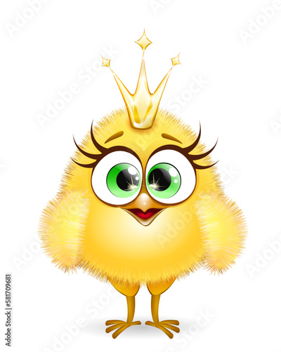Cute cartoon little yellow Chick girl princess with golden shiny crown