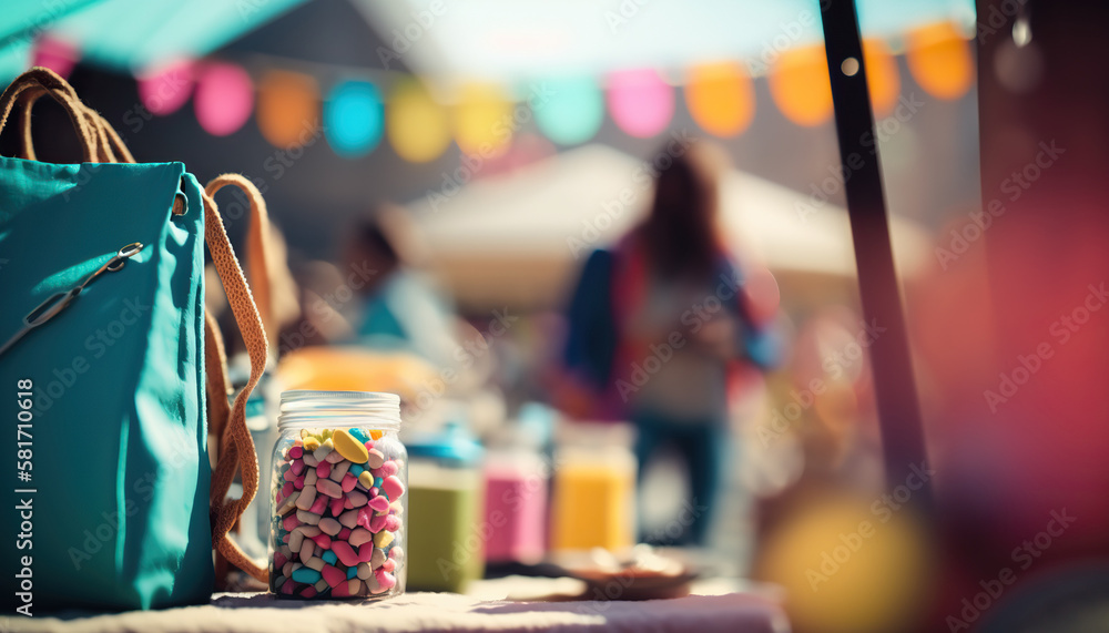 Abstract springtime street fair blurred background, outdoor backdrop with copy space. AI generative image.