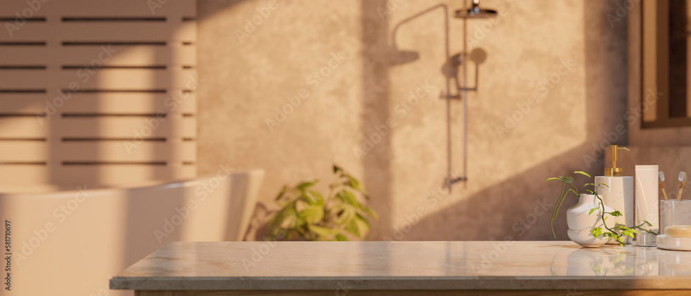 Mockup space on luxury white marble tabletop with bath accessories in modern loft bathroom Mockup space on luxury white marble tabletop with bath accessories in modern loft bathroom
