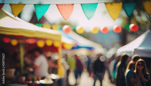 Abstract street fair blurred background, outdoor backdrop with copy space. AI generative image. photo
