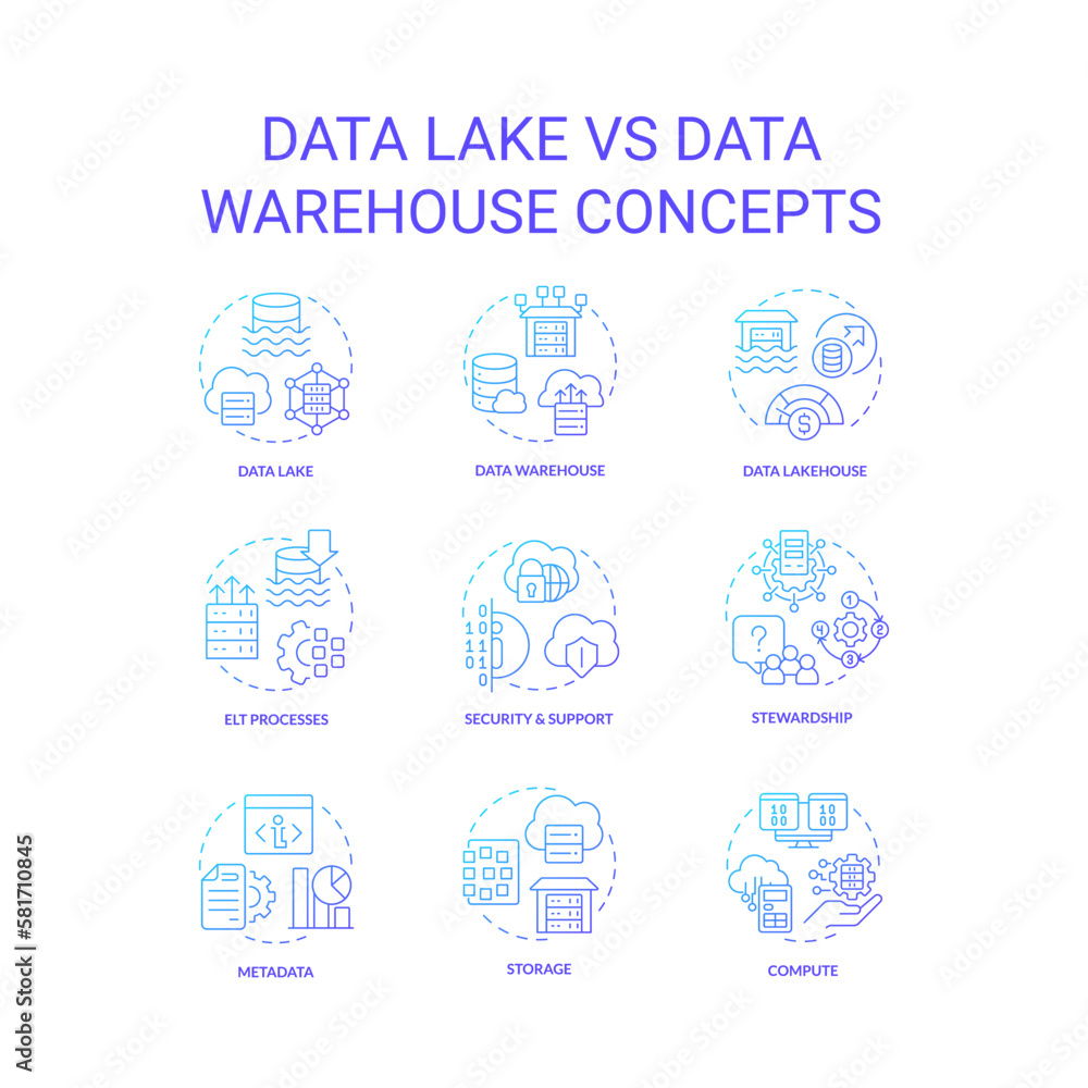 Data lake vs data warehouse blue gradient concept icons set. Information storage. Analytics idea thin line color illustrations. Isolated symbols. Roboto-Medium, Myriad Pro-Bold fonts used