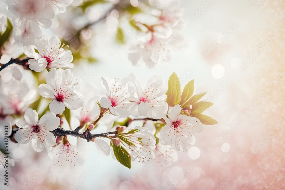 Springtime background with beautiful blossom tree branch. Horizontal spring floral banner with copy space. Greeting card template. AI generative image.