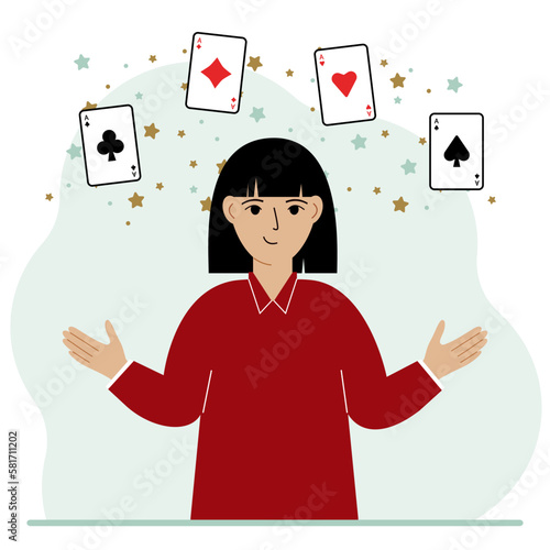 Woman holding playing cards cards. Playing combination of 4 aces or four of a kind.