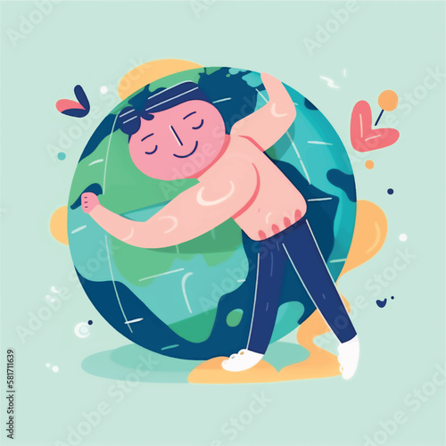 Earth day concept. Man hugging planet Earth with joy