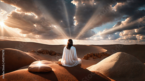 back view of jesus christ in white clothes sitting and meditating on rock on desert looking at a distant horizon with light rays, beautiful sea and rocks in background, sun shining, generative AI
