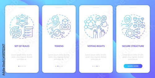 DAO elements blue gradient onboarding mobile app screen. Digital network walkthrough 4 steps graphic instructions with linear concepts. UI, UX, GUI template. Myriad Pro-Bold, Regular fonts used