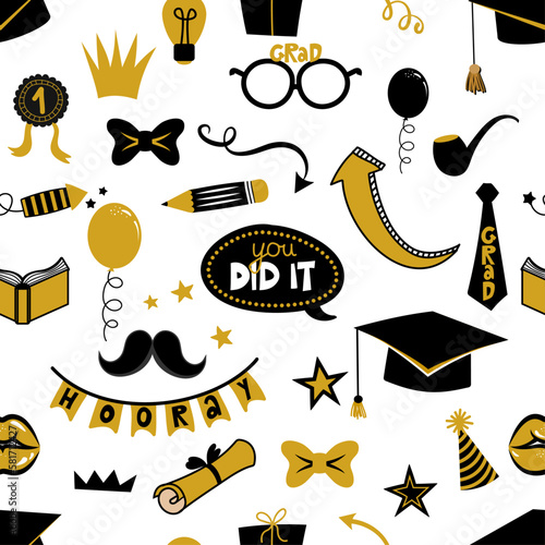 Congratulations graduates - Seamless pattern, vector backdrop of tossing graduation caps, books and diplomas pattern. Goos for wallpapers, wrapping papers, backgrounds.