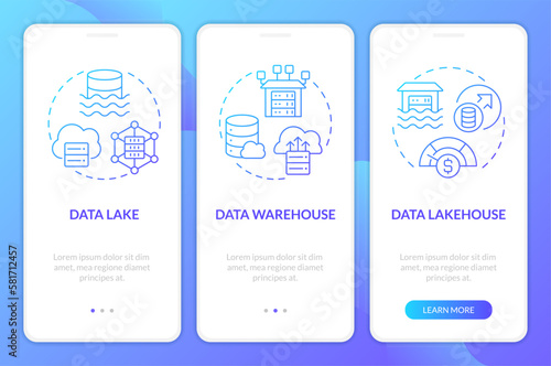 Data repositories blue gradient mobile app screen. Digital storage walkthrough 3 steps graphic instructions with linear concepts. UI, UX, GUI template. Myriad Pro-Bold, Regular fonts used