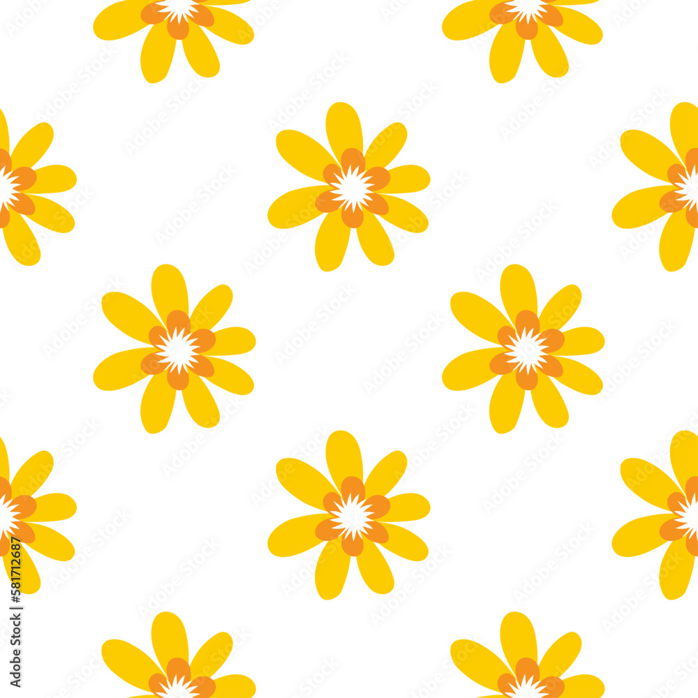 Cute yellow flowers pattern on white background - funny vector floral drawing seamless pattern. Sketch poster or t-shirt textile graphic design. Cute illustration. wallpaper, wrapping paper. 