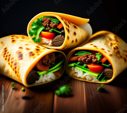 Burritos wraps with beef and vegetables on black, Generative Ai, Generative, Ai