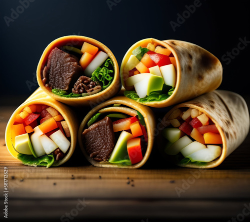 Burritos wraps with beef and vegetables on black, Generative Ai, Generative, Ai