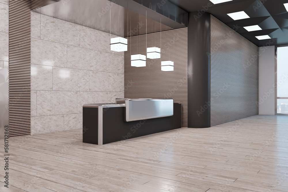 Fototapeta premium Perspective view on empty stylish dark and metallic reception desk in modern interior design business center office hall with glossy wall background and wooden floor. 3D rendering