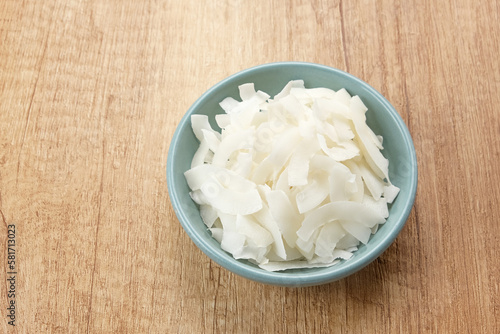 Dried coconut flakes, food ingredient 