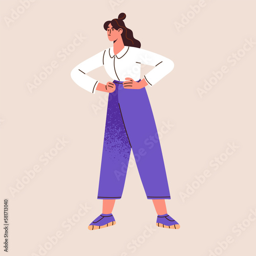 Discontent office worker with arms on hips. Displeased dissatisfied business woman with negative puzzled unsatisfied emotion, disappointment, displeasure, dislike expression. Flat vector illustration