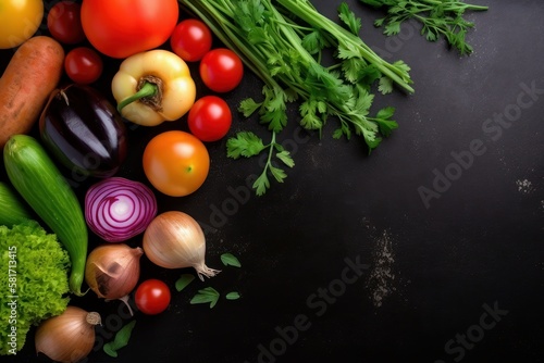 Fresh farmer vegetables on a black chalkboard background. Generative AI