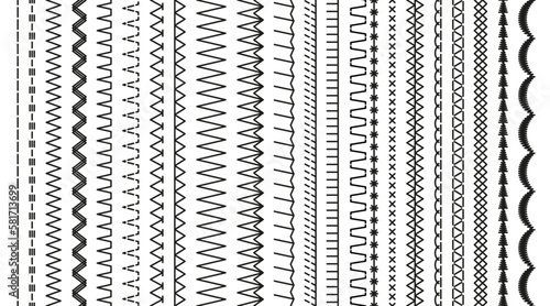 Sewing stitches machine thread. Set of sew brushes. Embroidery seams seamless pattern. Line border isolated on white background. Overlock fabric elements. Simple graphic vector illustration.