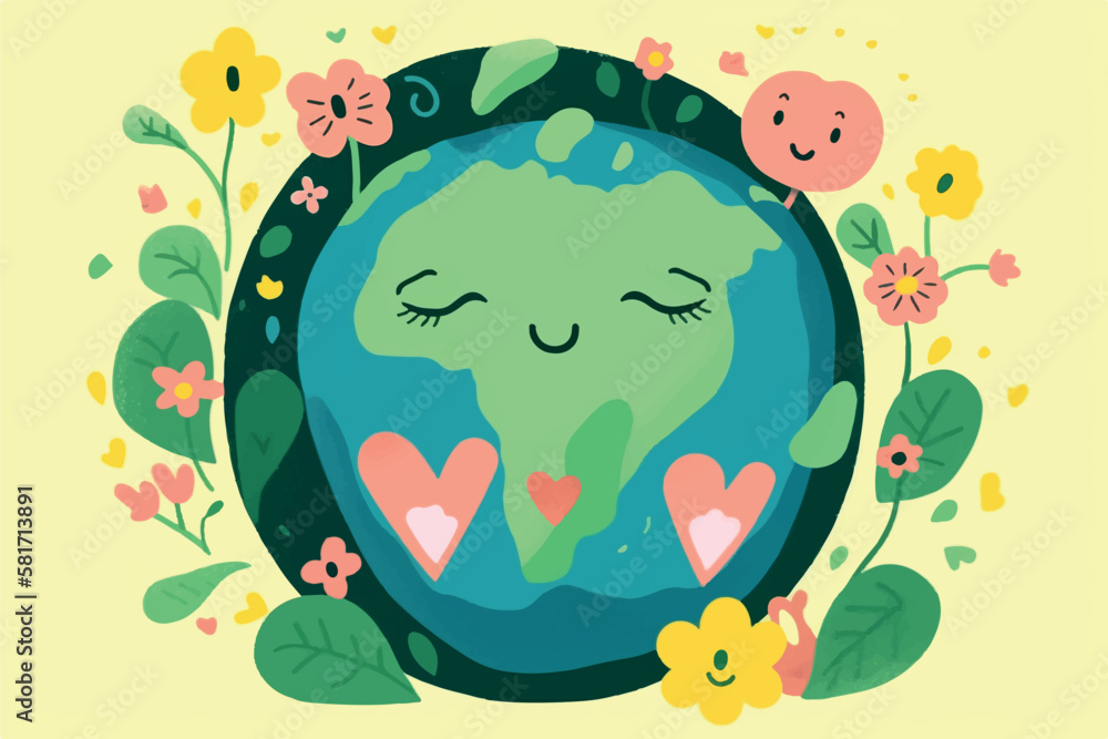 Happy Earth day concept. Smiling Earth with flowers and hearts flying around Happy Earth day concept. Smiling Earth with flowers and hearts flying around