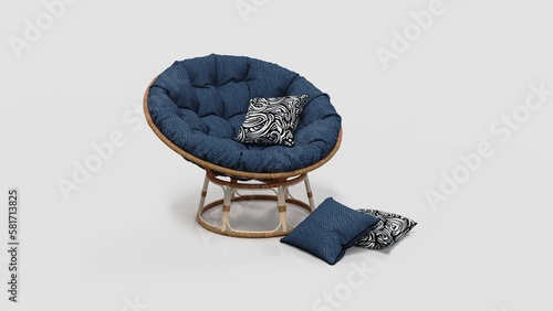 Modern hanging bamboo chair with a blue pillow, isolated in white background
