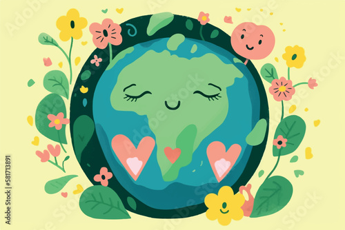 Happy Earth day concept. Smiling Earth with flowers and hearts flying around