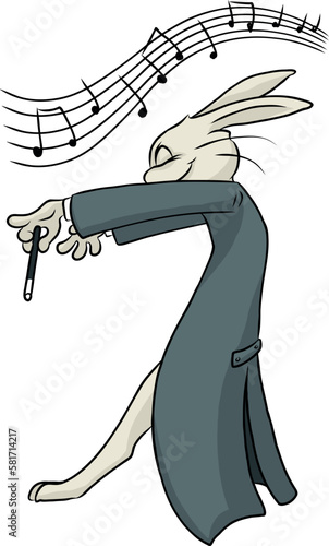 Illustration Cartoon von einem Hasen, der als Dirigent in Frack und mit Taktstock hingebungsvoll und leidenschaftlich dem Orchester dirigiert