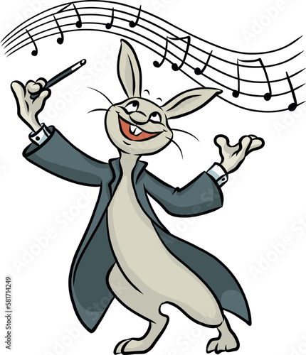 Illustration Cartoon von einem Hasen, der als Dirigent in Frack und mit Taktstock schwungvoll dem Orchester dirigiert