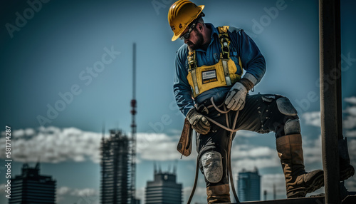 Man working as a builder on heights. Construction of buildings. generate by ai © MoniStock
