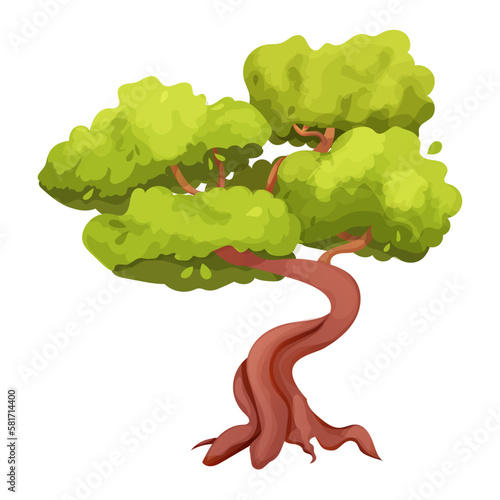 Magic Bonsai tree with twisted trunk, foliage in cartoon style, plant isolated on white background, game ui asset