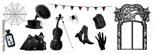 Gothic set in the style of Wednesday. Gothic black arch, cello, poison, spider web, briefcase, spider, thunderbolt, hand, house, shoes, and flags. Vector illustration, flat style photo