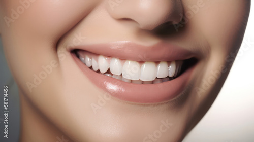 Perfect smile of healthy teeth of a young woman. Teeth whitening. Patient in a dental clinic. Dentistry concept. generative AI