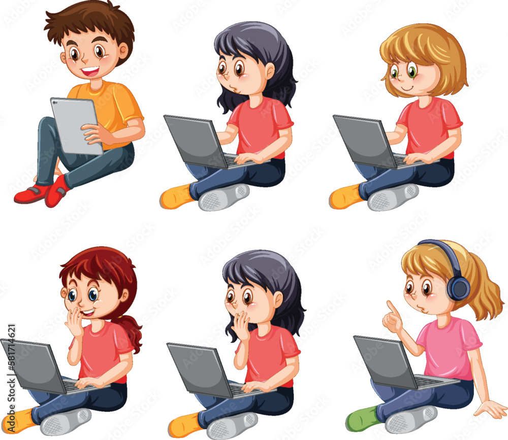 Cartoon Kids Using Laptops for Online Learning Cartoon Kids Using Laptops for Online Learning