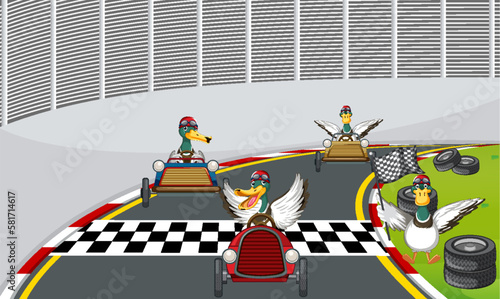 Soap box derby race with ducks cartoon character