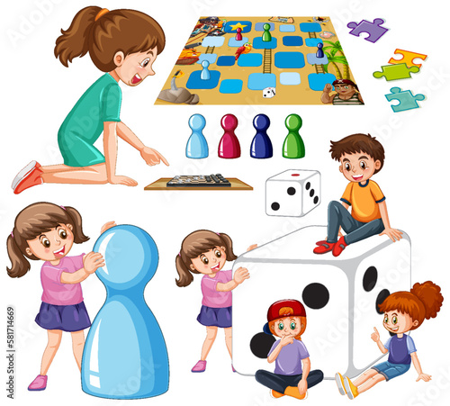 Set of children and board game