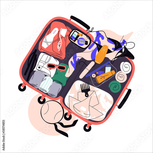 Open suitcase, travel bag with women holiday clothes, summer accessories. Female luggage, baggage with tourist content, bikini, beach hat. Flat graphic vector illustration isolated on white background