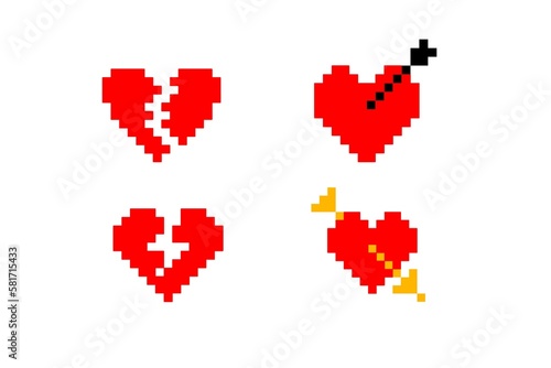 pixel set hearts icon in retro style.vintage love symbol, 8 bit