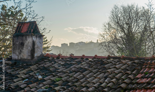 Old-fashioned tiles on the roof of a country house and the skyline of the city in the background, Safranbolu, Turkey