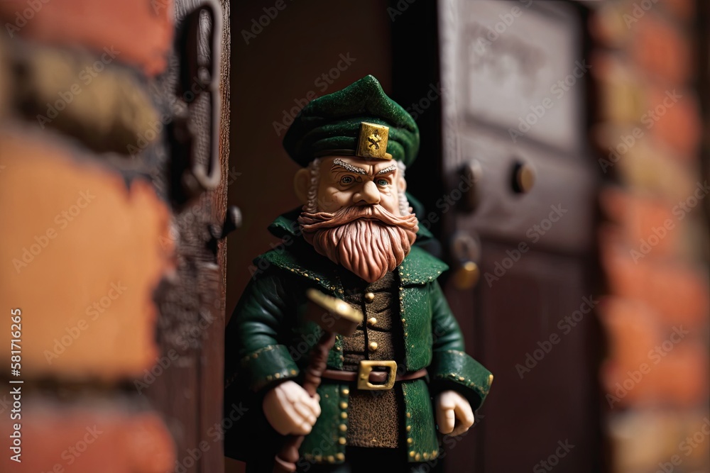 A realistic leprechaun, standing in front of a wooden door. St. Patrick's Day. Generative AI