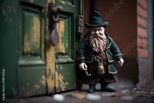 A realistic leprechaun, standing in front of a wooden door. St. Patrick's Day. Generative AI