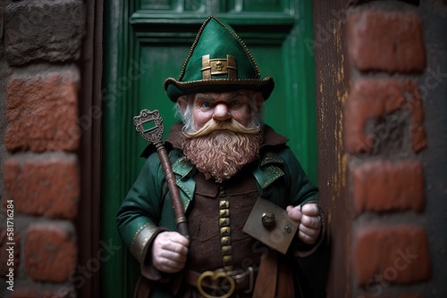 A realistic leprechaun  standing in front of a wooden door. St. Patrick s Day. Generative AI