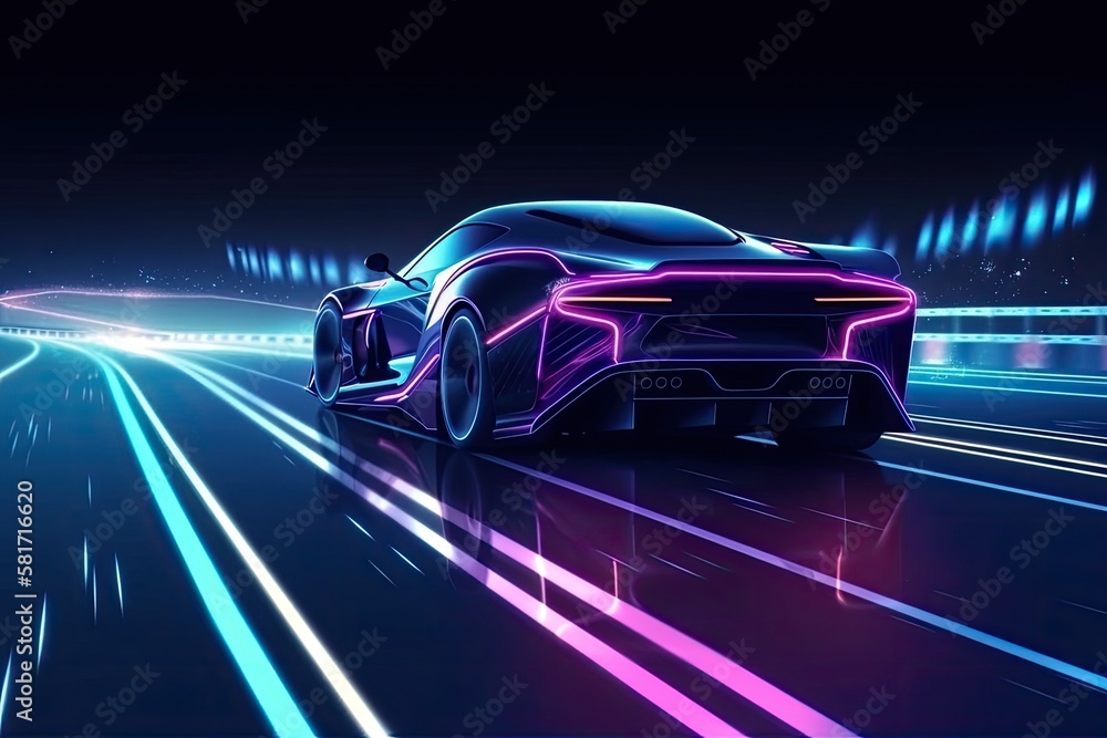 Modern Sports Car Driving On Neon Highway. Supercar's quick acceleration on a nighttime track with elaborate lighting and tracks. illustration. Generative AI Modern Sports Car Driving On Neon Highway. Supercar's quick acceleration on a nighttime track with elaborate lighting and tracks. illustration. Generative AI